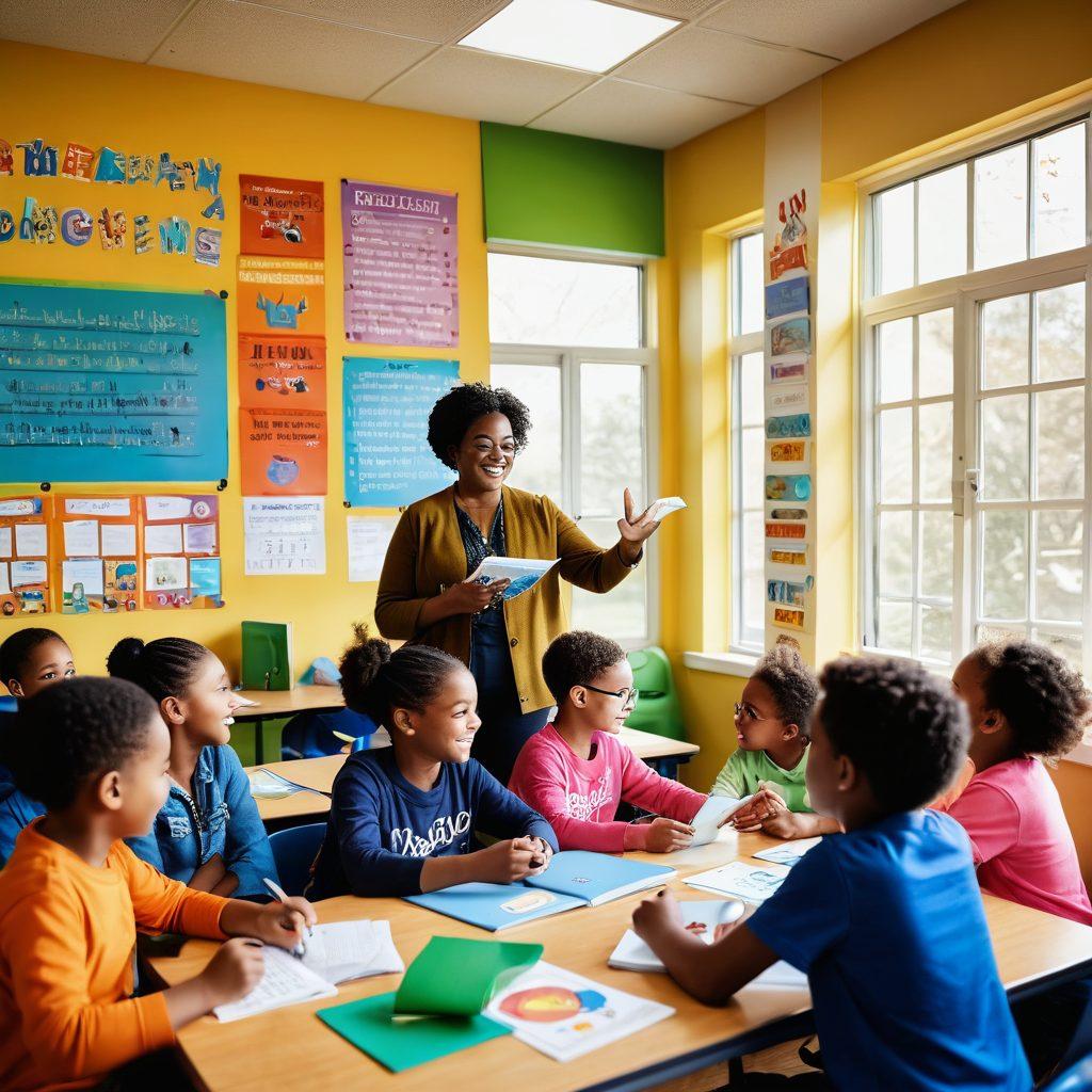 A vibrant classroom scene filled with diverse children joyfully engaging with interactive English learning tools, such as tablets and colorful books. The walls are adorned with motivational quotes and fun illustrations of letters and words. A cheerful teacher guides them, creating an atmosphere of collaboration and excitement. Sunlight spills through the windows, enhancing the warm and inviting vibe. super-realistic. vibrant colors. educational theme.
