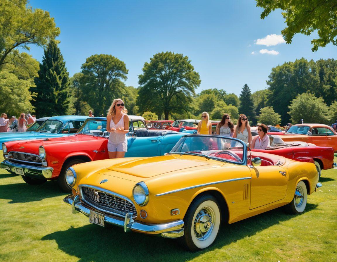 A bright, inviting scene depicting a diverse group of people laughing and engaging in conversation while standing around colorful vintage cars in a sunny park. Each person exhibits an expression of joy and camaraderie, with speech bubbles above them showcasing words related to automotive topics and cheerful connections. The background features vibrant greenery and clear blue skies to amplify the cheerful mood. super-realistic. vibrant colors. sunny day.