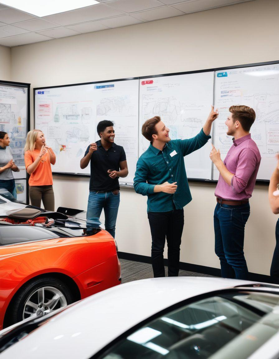 A vibrant scene depicting a diverse group of students enthusiastically learning automotive vocabulary inside a modern classroom filled with car posters and models. One student is pointing excitedly at a whiteboard with automotive terms, while others engage in conversation with car-related diagrams in the background. Include various cars, tools, and colorful language flashcards. The atmosphere should feel dynamic and joyful. super-realistic. vibrant colors. energetic composition.